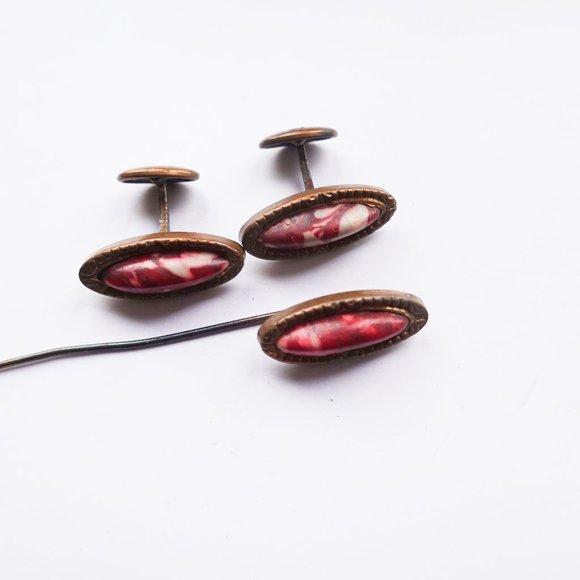 ANTIQUE PURPLE BANDED AGATE GEMSTONE CUFFLINKS LAPEL STICK PIN - Picture 1 of 1